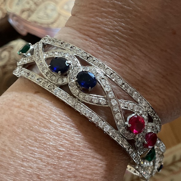 NWT Sterling Silver 925 Genuine Ruby/Emerald/Sapphire White Crystal wide bracele - Picture 6 of 15